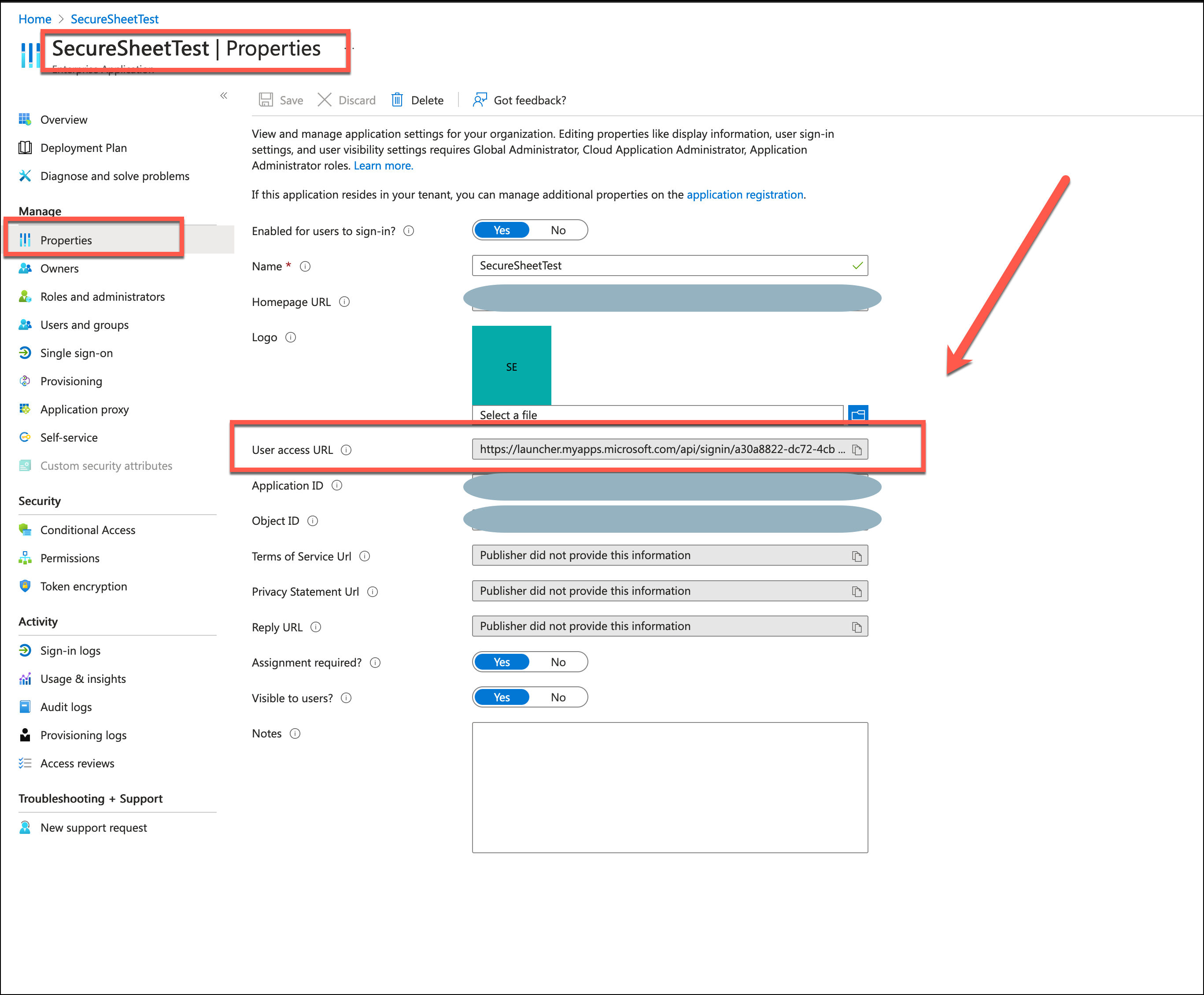 Azure SSO user access URL settings in SecureSheet