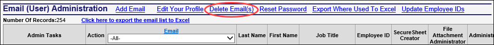 SecureSheet bulk email deletion interface for removing unused email addresses