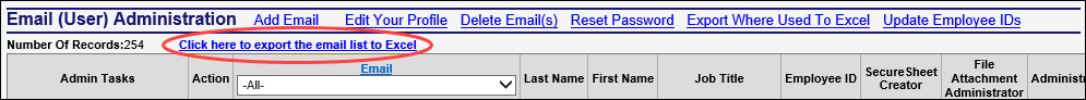 SecureSheet export email addresses screen for downloading the user email list