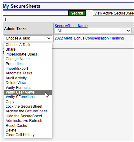 SecureSheet verify user views panel showing view access validation results